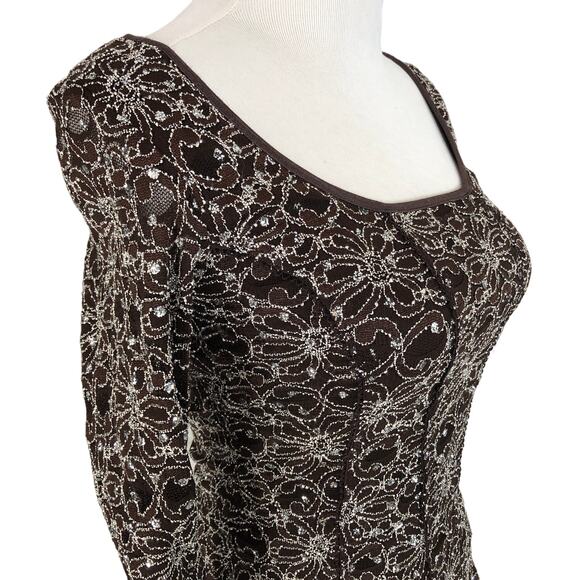 Moa Moa Evening Bodycon Glitter Blouse Scoop Neck Size Small Brown - Picture 9 of 9